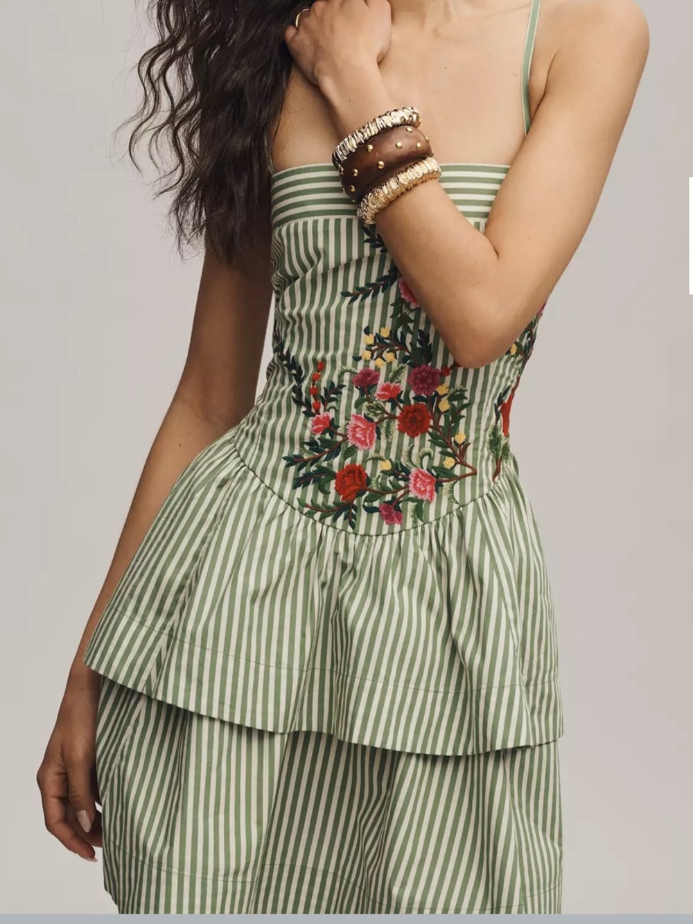 Maeve Green Striped Mini Dress with Floral Embroidery